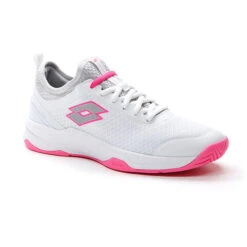 Tennis Gear Store 6 Lotto Mirage 500 All Court (Women's) - All White/Silver Metal/Vivid Fuchsia